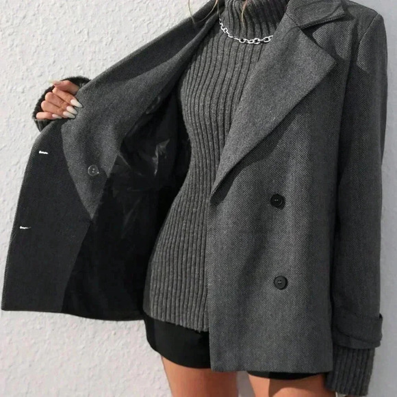 Dark Grey Casual Women's Oversized Turndown Collar Herringbone Mid-Length Jacket - Picture 3 of 6